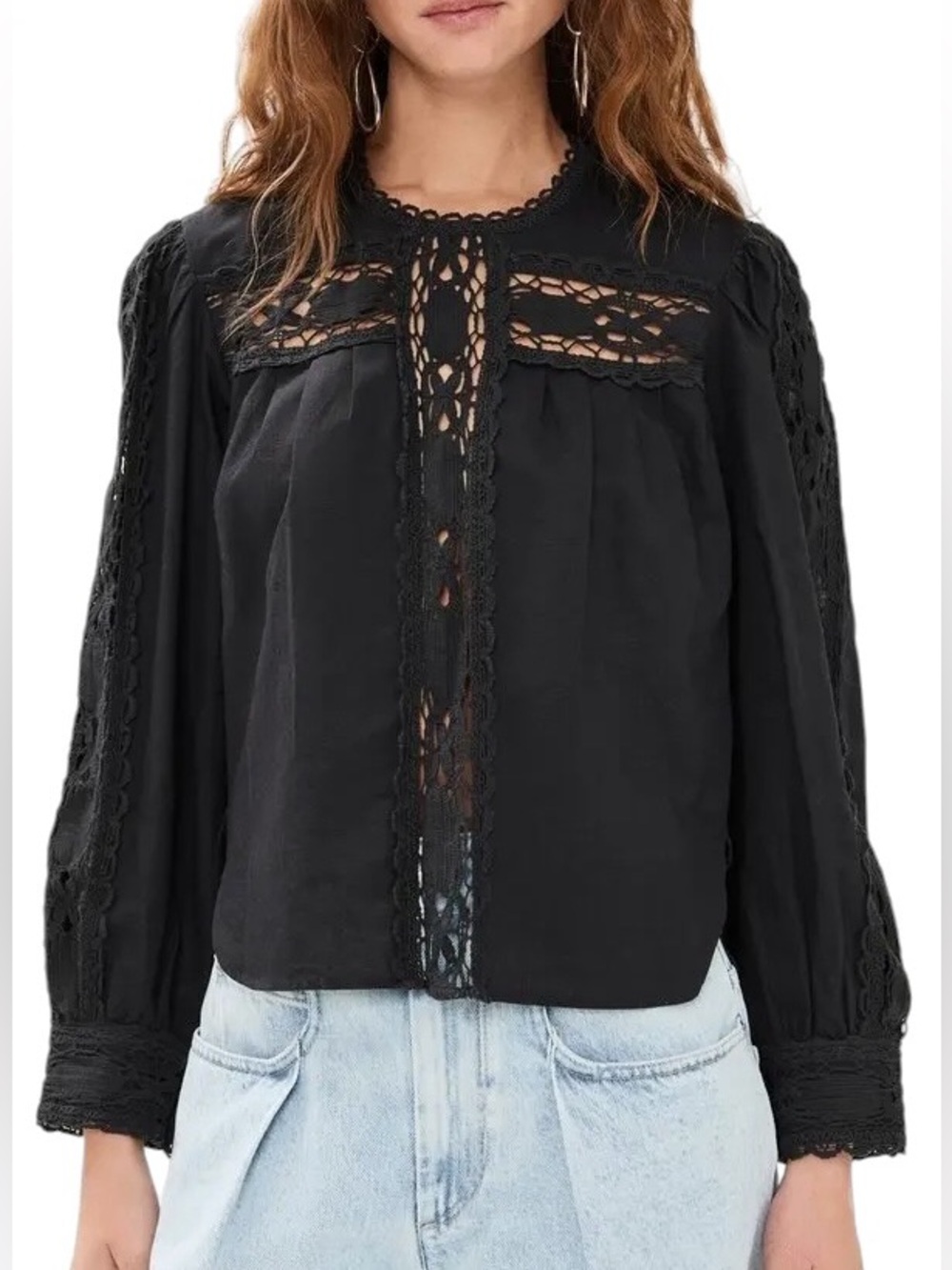 Isabel Marant Valmira Black Linen Blend Crochet Lace Puff Sleeve Blouse - XS